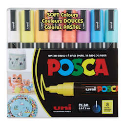 Uni Posca Paint Marker - Soft Colors, Set of 8, Fine, Bullet Tip, 0.9 mm - 1.3 mm - front of packaging