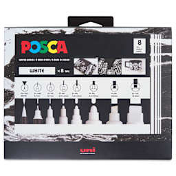 Uni Posca Paint Markers - White, Set of 8, Assorted Tips - front of packaging