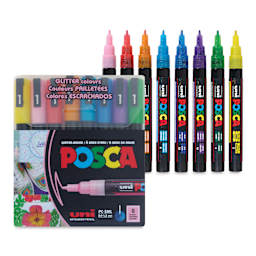 Posca Paint Markers - Set of 8 Assorted Colors, Medium Tip, 2.5 mm - packaging and open markers