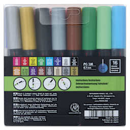 Posca Paint Markers - Assorted Colors, Set of 16, 0.7 mm, back of the packaging