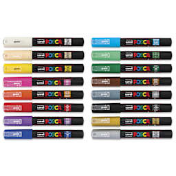 Posca Paint Markers - Assorted Colors, Set of 16, 0.7 mm, laid out with caps on