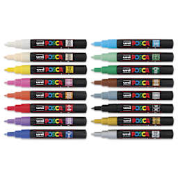 Posca Paint Markers - Assorted Colors, Set of 16, 0.7 mm, laid out with caps off