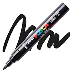 Posca Brush Paint Marker - Black, Brush Tip, swatch and marker