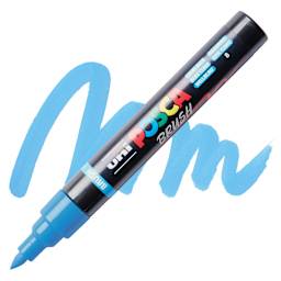 Posca Brush Paint Marker - Light Blue, Brush Tip, swatch and marker