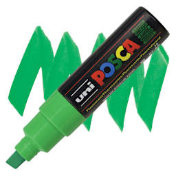 Posca Paint Marker - Fluorescent Green, Broad Chisel Tip, 8 mm - marker and swatch