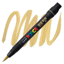 Posca Paint Marker - Gold, Brush Tip marker and swatch