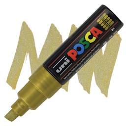 Uni Posca Paint Marker - Gold, Broad Chisel Tip, 8 mm marker and swatch