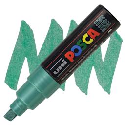 Posca Paint Marker - Metallic Green, Broad Chisel Tip, 8 mm - marker and swatch