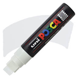 Uni Posca Paint Marker - White, Extra Broad Chisel, 15 mm marker and swatch