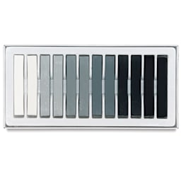 Blick Studio Pastels - Graytone Colors, Set of 12. Open tray of pastels in one row.