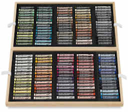 Rembrandt Soft Pastels Set of 150, Assorted, Wood Box. Box fully opened displaying two trays of pastels.