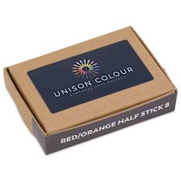 Unison Handmade Pastel Set - Red-Orange Colors, Set of 8, Half Stick (front of packaging, angled-view)