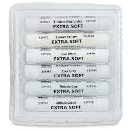 Tints of White Extra Soft Pastels - Front of package of 6 pc set of Cool Tints shown in tray