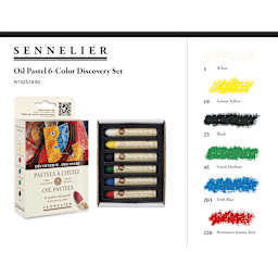 Sennelier Oil Pastel Set - Discovery Colors, Set of 6 - packaging, contents, and color chart