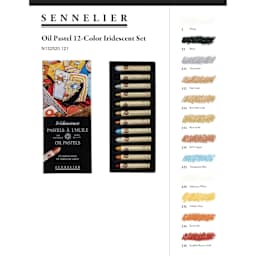 Sennelier Oil Pastel Set - Iridescent Colors, Set of 12 - packaging, contents, and color chart