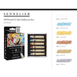 Sennelier Oil Pastels - Iridescence Colors, Set of 6 - packaging, contents, and color chart