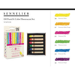 Sennelier Oil Pastels - Fluorescent Colors, Set of 6 - packaging, contents, and color chart