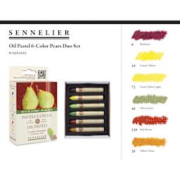 Sennelier Oil Pastels - Pears Duo, Set of 6 - packaging, contents, and color chart
