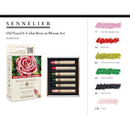 Sennelier Oil Pastels - Rose in Bloom, Set of 6 - packaging, contents, and color chart