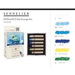 Sennelier Oil Pastels - Seascape, Set of 6 - packaging, contents, and color chart