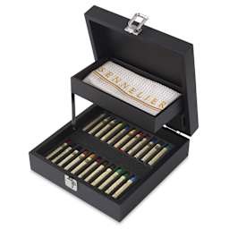 Sennelier Oil Pastels - Wood Box Set of 24, open showing contents inside