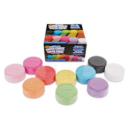 Crayola Washable Sidewalk Super Chalk - Puck Chalk, Set of 10 laid in front of the packaging