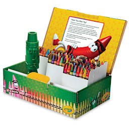 Crayola Crayons - Set of 120, lid open showing included sharpener