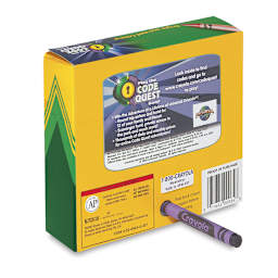 Crayola Crayons - Set of 64, back of the packaging and crayon being sharpen with included sharpener 