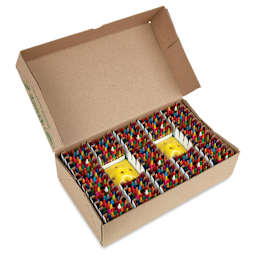Crayola Crayons - Classpack, Pkg of 832, 64 Colors, box opened showing crayons and sharpeners inside