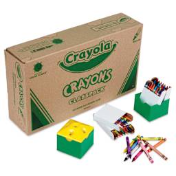 Crayola Crayons - Classpack, Pkg of 832, 64 Colors, sharpener and crayons laid out in front of the box