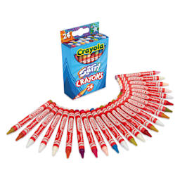 Crayola Swirl Crayons - Set of 24, crayons spread out in front of pack