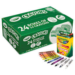Crayola Crayons - Classpack of 576, one set of 24 next to Classpack box