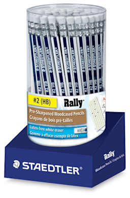 Staedtler Rally Pencils - Front view of package and tub of 72 pencils 