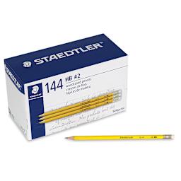 Staedtler Yellow Pencils - Class Pack of 144 pencils shown with single pencil removed and in front