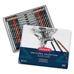 Derwent Sketching Collection - Set of 24 shown open in tray with lid adjacent