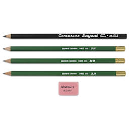 General's Kimberly Graphite Pencils Set - Art Pencil Kit, Pkg of 5, contents laid out