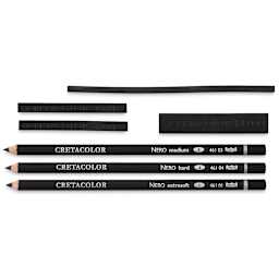 Cretacolor Nero Deep Black Pencils and Set - 7 pieces of Pencils and charcoal shown horizontally
