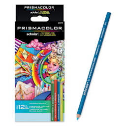 Prismacolor Scholar Colored Pencils - Set of 12, Assorted Colors, front of packaging with Permanent Blue pencil