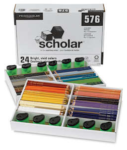 Prismacolor Scholar Art Pencils-Class Pack, Set of 576. Box tilted open with pencils and sharpeners.