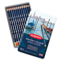 Derwent Watercolor Pencil Set - Assorted Colors, Tin Box, Set of 12. Inside of package.
