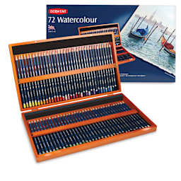 Derwent Watercolor Pencil Set - Assorted Colors, Wood Box, Set of 72. Inside of packaging with box.