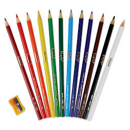 Crayola Colored Pencils - Assorted Colors, Classpack of 240, pencils and sharpener fanned out