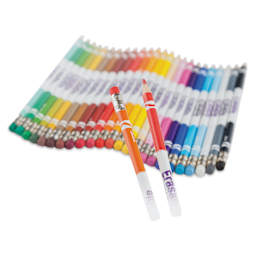 Crayola Erasable Colored Pencils - Assorted Colors, Set of 24 - pencils laid out in a row, close-up of eraser and tip