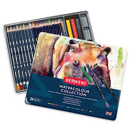 Derwent Watercolor Pencil Set - Tin Box of Set of 24, slightly open showing components of set