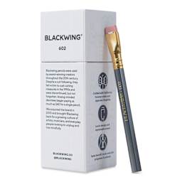 Blackwing 602 Short Pencils - Pkg of 12 - unsharpened pencil leaning on packaging