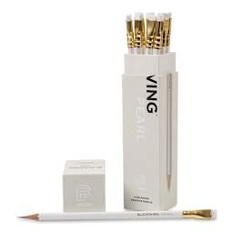Blackwing Pencils - Pearl White, Pkg of 12, one pencil laid out in front of the opened package