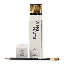 Blackwing Pencils - Matte Black, Pkg of 12, Soft, one pencil laid out in front of the opened package