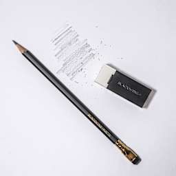 Blackwing Pencils - Matte Black, Pkg of 12, Soft, pencil next to swatch and eraser