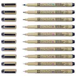 Sakura Pigma Micron Pens - Blick Exclusive! Customer Favorites, Set of 10, Black, Assorted Sizes - with caps off