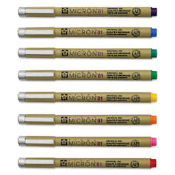 Sakura Pigma Micron Pen - Set of 8, Rainbow, 01, pens laid out